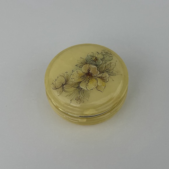 Other - Vintage Italian Alabaster Trinket Box Hand Carved Floral Hinged Round 3"